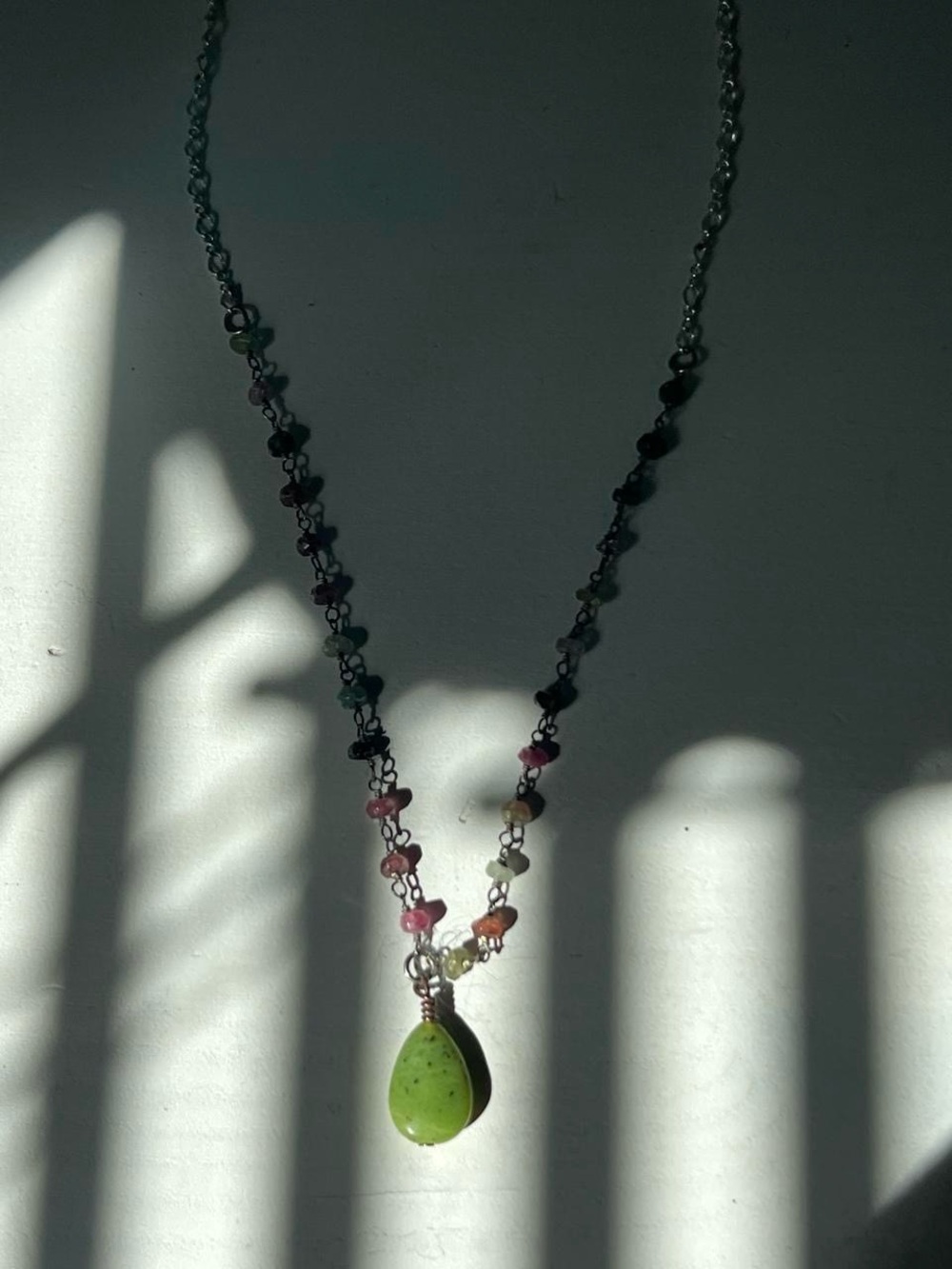 Silver Metal Cable Chain Necklace Green Teardrop Charm Pendant Lobster 18in